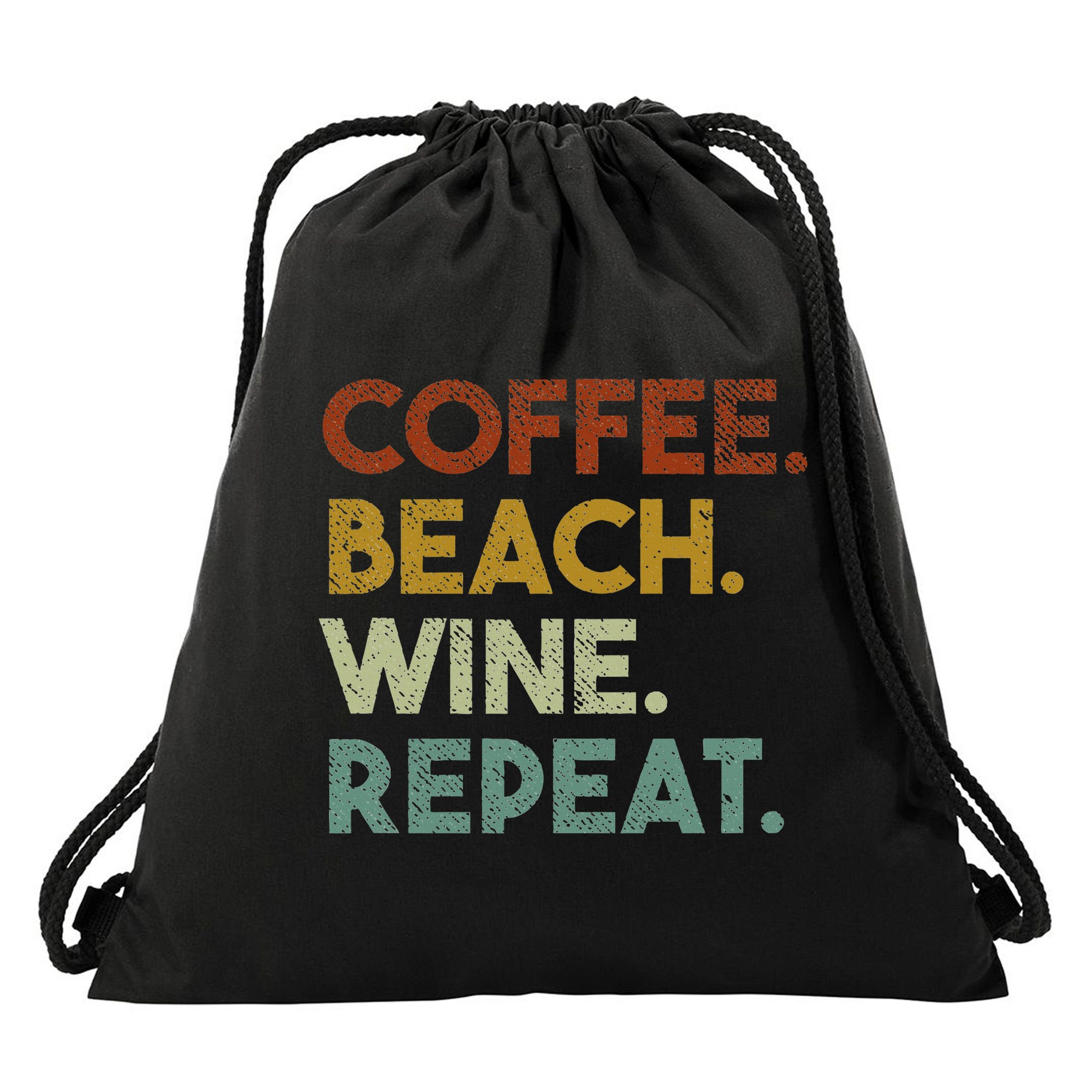 Coffee Beach Wine Repeat Funny Retro Beach Drawstring Bag