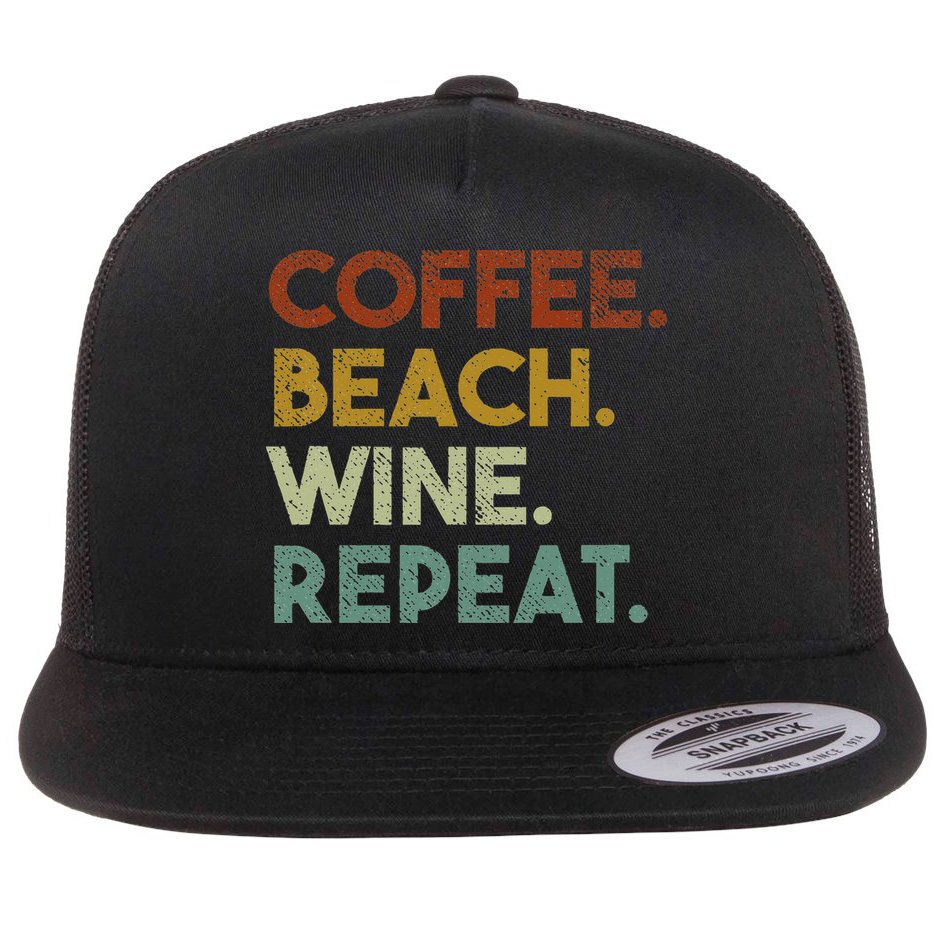 Coffee Beach Wine Repeat Funny Retro Beach Flat Bill Trucker Hat
