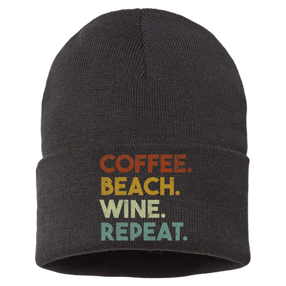 Coffee Beach Wine Repeat Funny Retro Beach Sustainable Knit Beanie