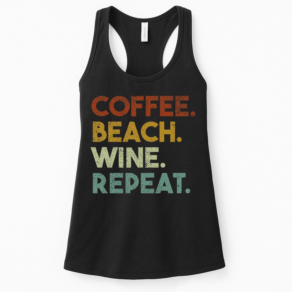 Coffee Beach Wine Repeat Funny Retro Beach Womens Tank Top