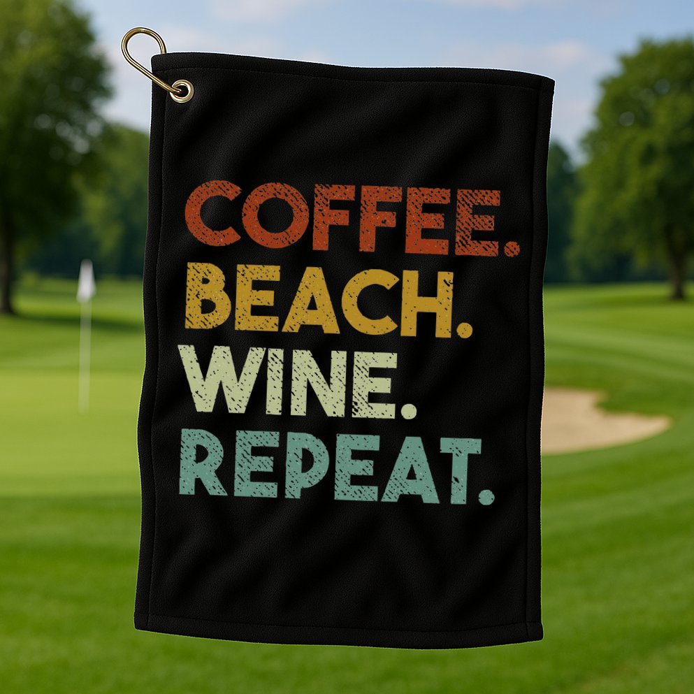 Coffee Beach Wine Repeat Funny Retro Beach Golf Towel