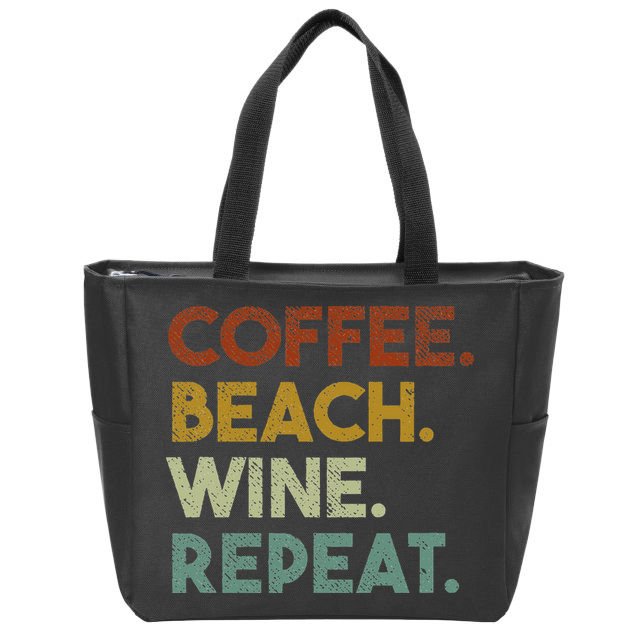 Coffee Beach Wine Repeat Funny Retro Beach Zip Tote Bag