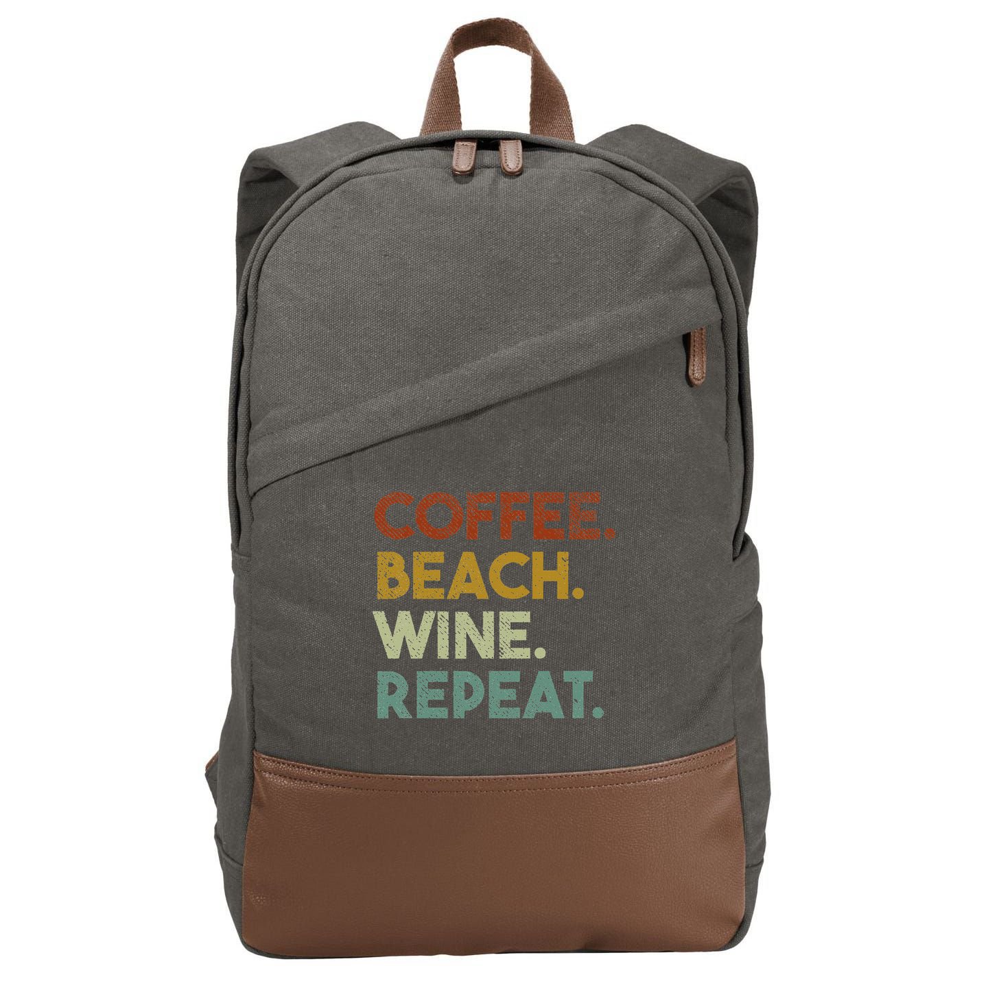 Coffee Beach Wine Repeat Funny Retro Beach Cotton Canvas Backpack