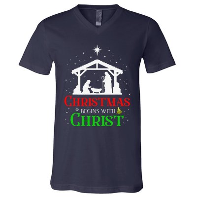 Christmas Begins With Christ Jesus Cross Christian Xmas V-Neck T-Shirt