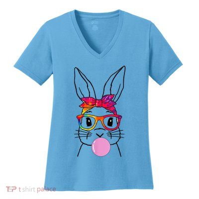 Cute Bunny With Bandana Heart Glasses Bubblegum Easter Day Women's V-Neck T-Shirt