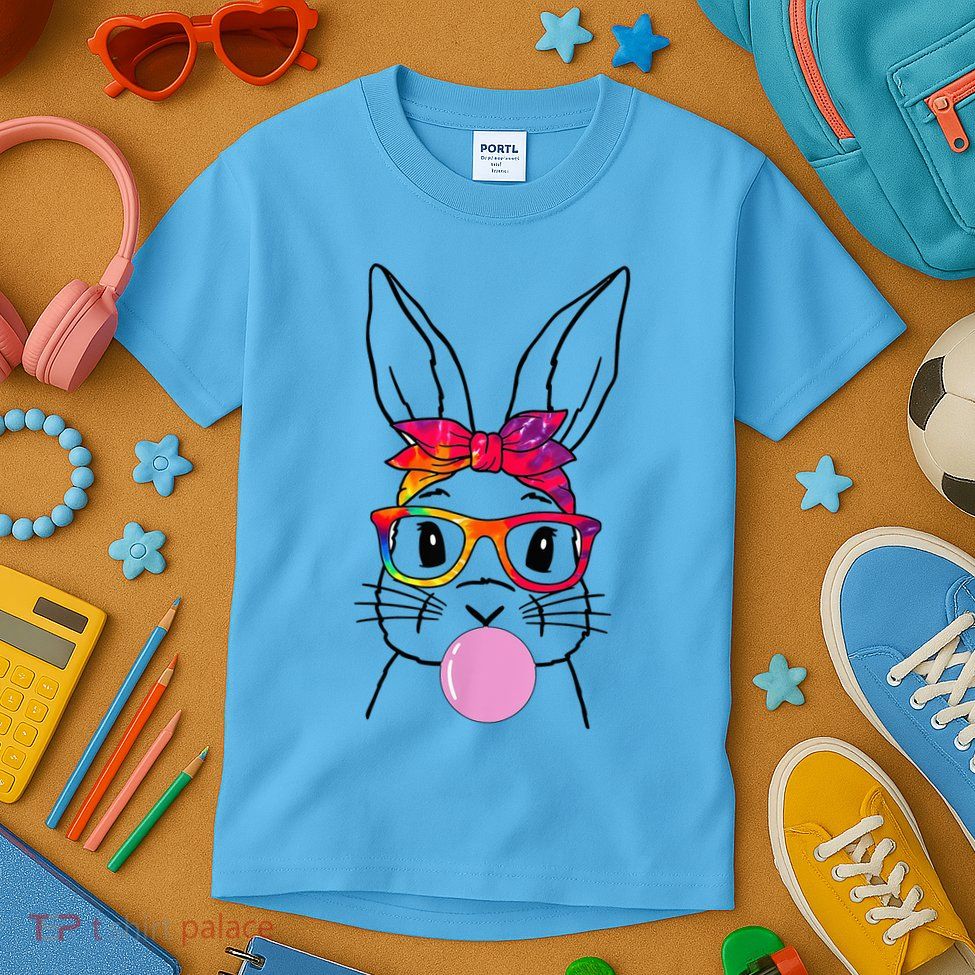 Cute Bunny With Bandana Heart Glasses Bubblegum Easter Day Kids T-Shirt