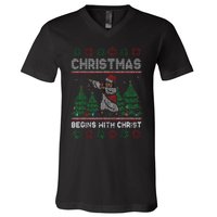 Christmas Begins With Christ Funny Ugly Christmas Jesus V-Neck T-Shirt