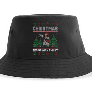 Christmas Begins With Christ Funny Ugly Christmas Jesus Sustainable Bucket Hat