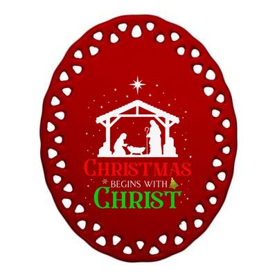 Christmas Begins With Christ Jesus Cross Christian Xmas Ceramic Oval Ornament