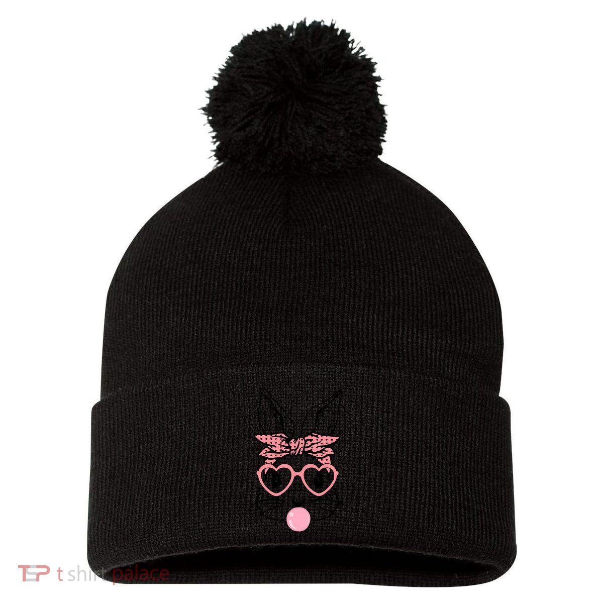 Cute Bunny With Bandana Heart Glasses Bubblegum Easter Day Pom Pom 12in Knit Beanie