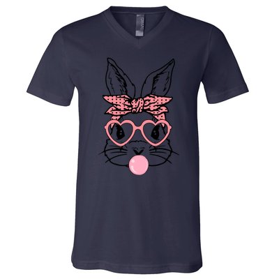 Cute Bunny With Bandana Heart Glasses Bubblegum Easter Day V-Neck T-Shirt