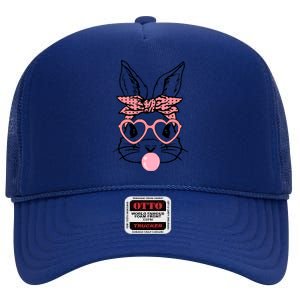 Cute Bunny With Bandana Heart Glasses Bubblegum Easter Day High Crown Mesh Back Trucker Hat