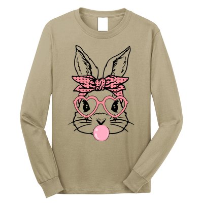 Cute Bunny With Bandana Heart Glasses Bubblegum Easter Day Long Sleeve Shirt