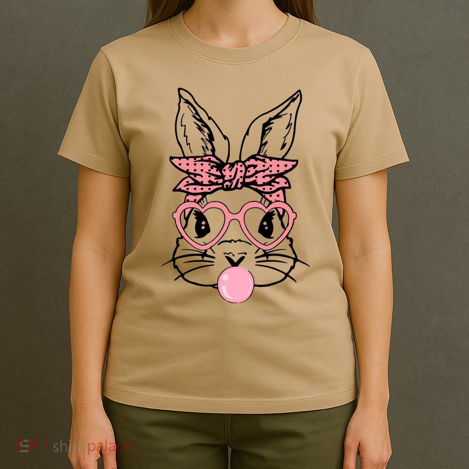 Cute Bunny With Bandana Heart Glasses Bubblegum Easter Day T-Shirt