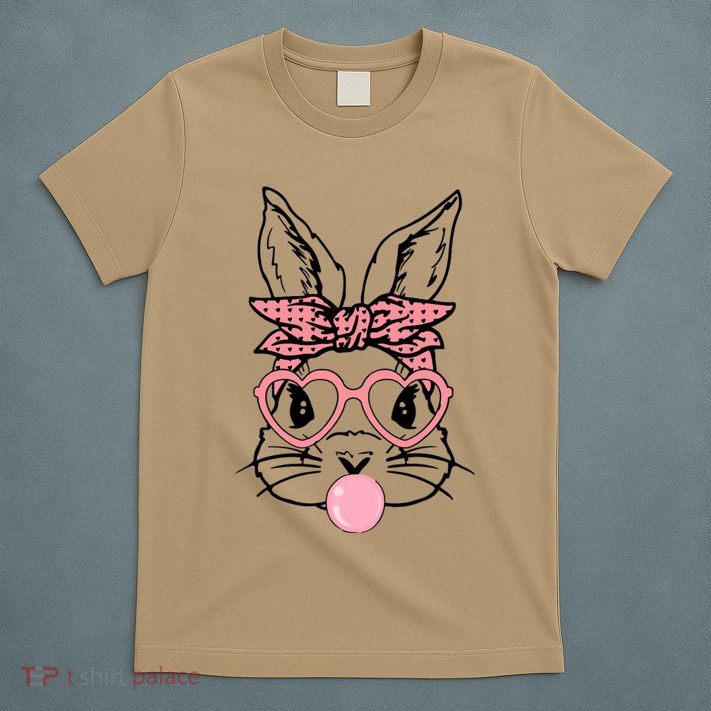 Cute Bunny With Bandana Heart Glasses Bubblegum Easter Day T-Shirt
