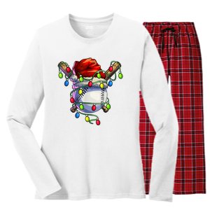 Christmas Baseball Xmas Christmas Lights Baseball Player Women's Long Sleeve Flannel Pajama Set 