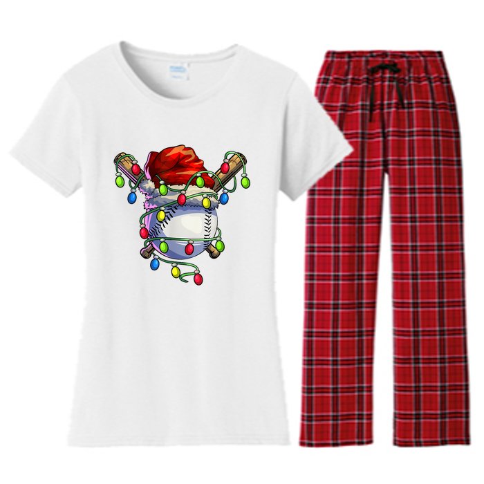 Christmas Baseball Xmas Christmas Lights Baseball Player Women's Flannel Pajama Set