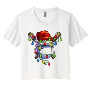 Christmas Baseball Xmas Christmas Lights Baseball Player Women's Crop Top Tee