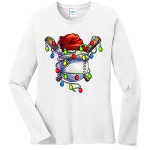 Christmas Baseball Xmas Christmas Lights Baseball Player Ladies Long Sleeve Shirt