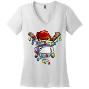 Christmas Baseball Xmas Christmas Lights Baseball Player Women's V-Neck T-Shirt