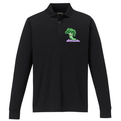 Cute Broccoli Yoga Pose Funny Yogi Broccoli Lover Performance Long Sleeve Polo