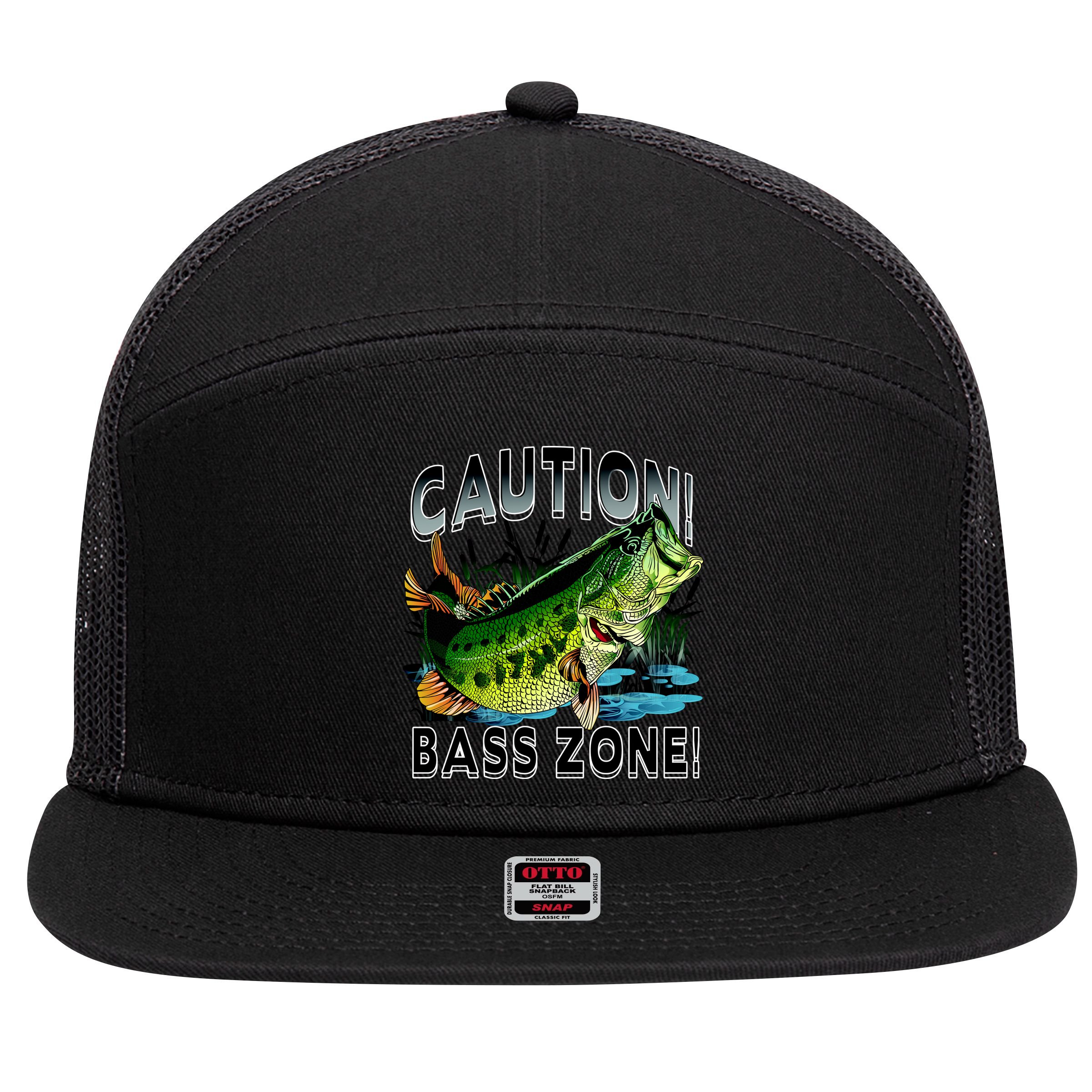 Caution Bass Zone Funny Fishing 7 Panel Mesh Trucker Snapback Hat
