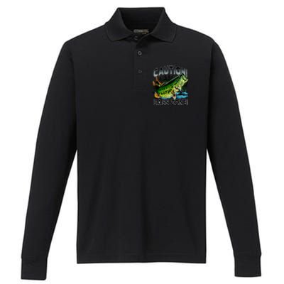 Caution Bass Zone Funny Fishing Performance Long Sleeve Polo