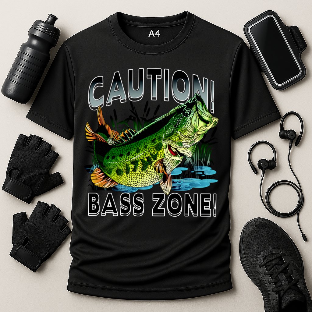 Caution Bass Zone Funny Fishing Cooling Performance Crew T-Shirt