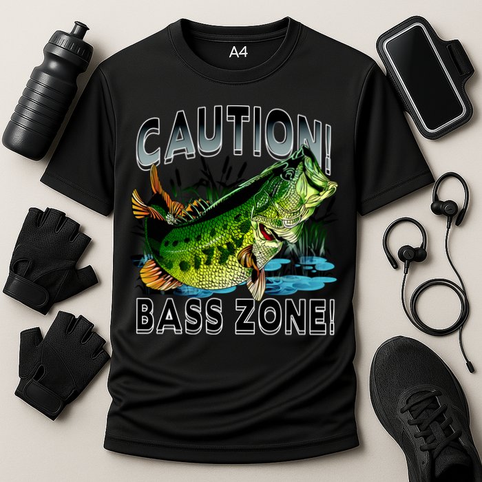Caution Bass Zone Funny Fishing Cooling Performance Crew T-Shirt