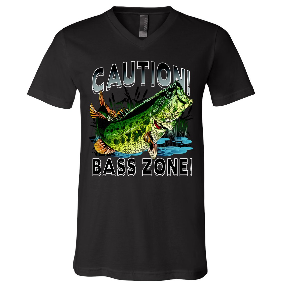 Caution Bass Zone Funny Fishing V-Neck T-Shirt