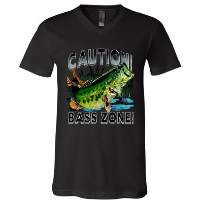 Caution Bass Zone Funny Fishing V-Neck T-Shirt