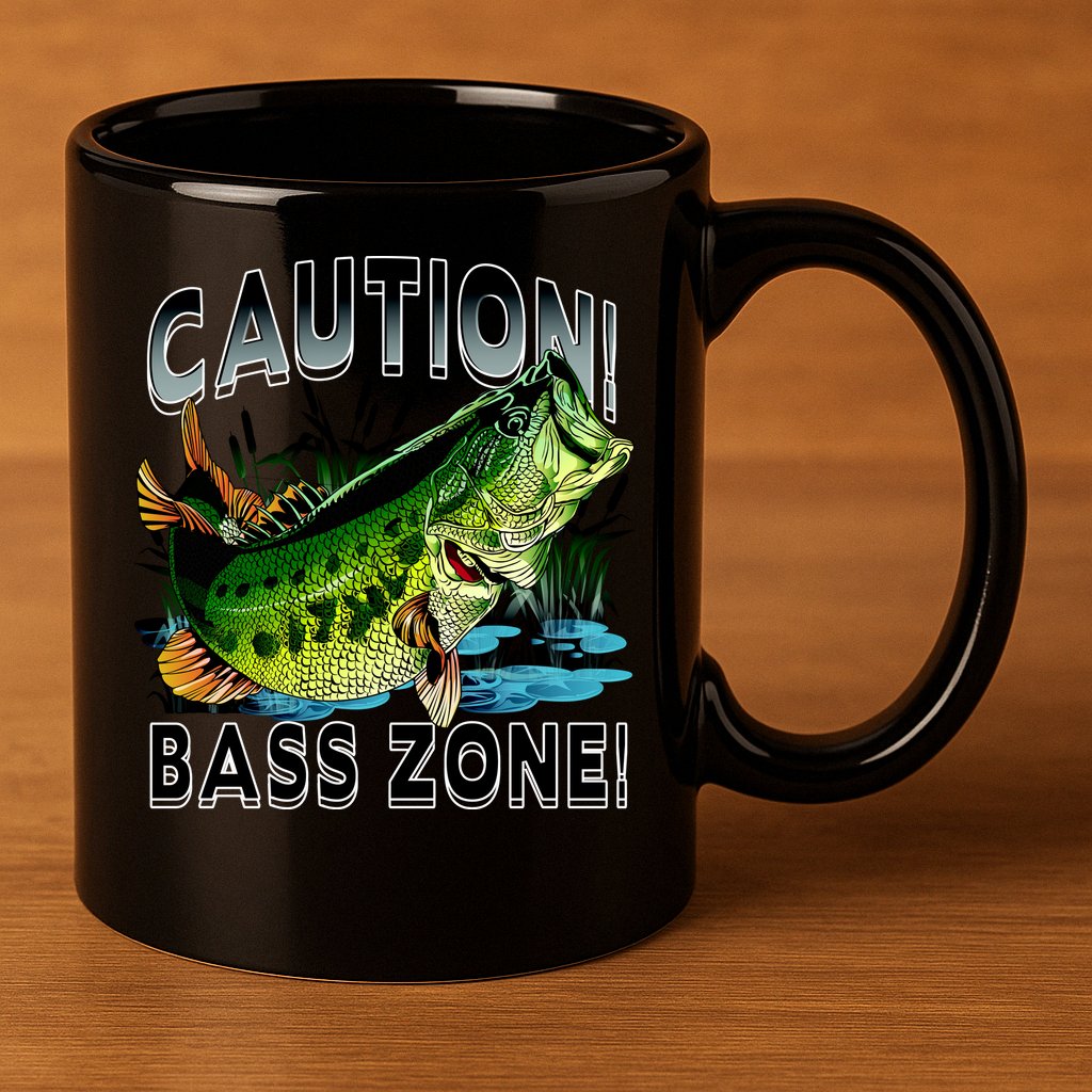 Caution Bass Zone Funny Fishing 11oz C Handle Ceramic Mug