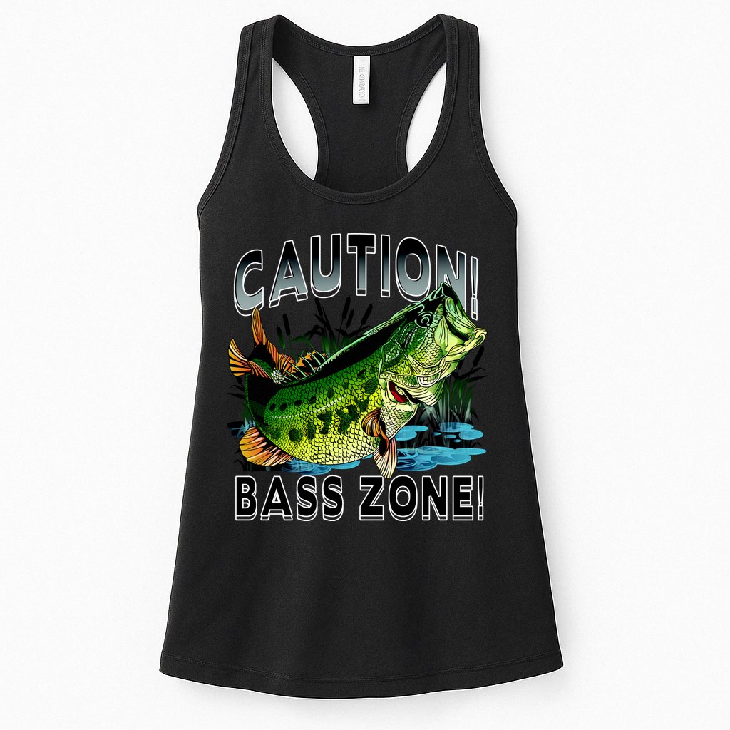 Caution Bass Zone Funny Fishing Womens Tank Top