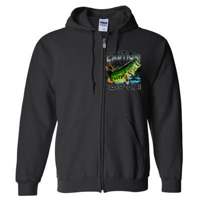 Caution Bass Zone Funny Fishing Full Zip Hoodie