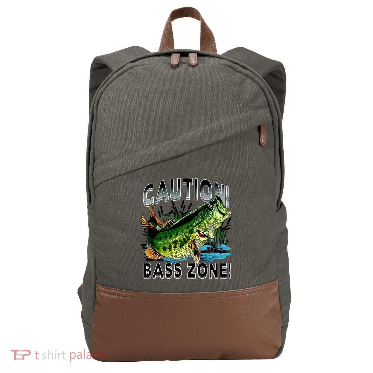Caution Bass Zone Funny Fishing Cotton Canvas Backpack