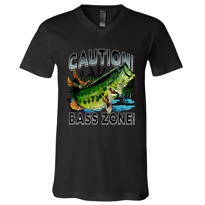 Caution Bass Zone Fishing V-Neck T-Shirt