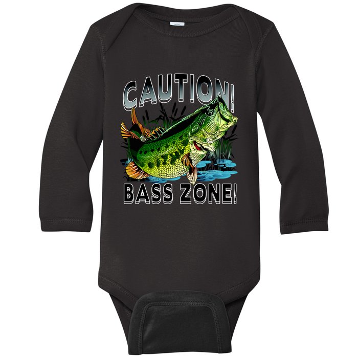 Caution Bass Zone Fishing Baby Long Sleeve Bodysuit