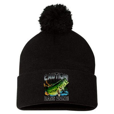 Caution Bass Zone Fishing Pom Pom 12in Knit Beanie