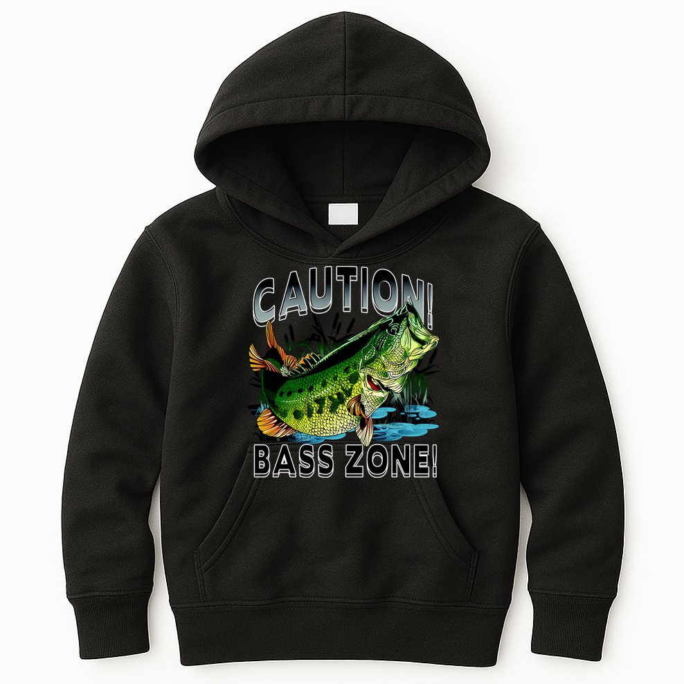 Caution Bass Zone Fishing Kids Hoodie