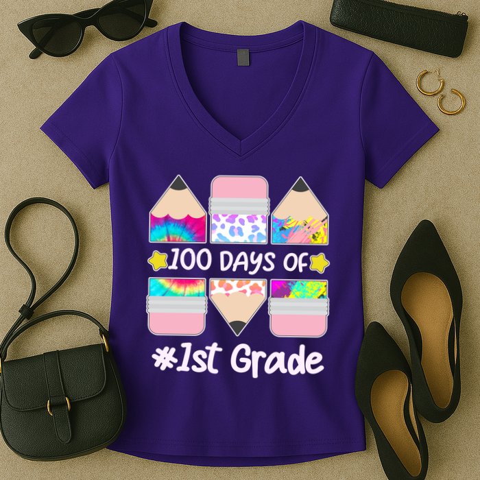 Cute Colorful 100 Days Of 1st Grade Women's V-Neck T-Shirt