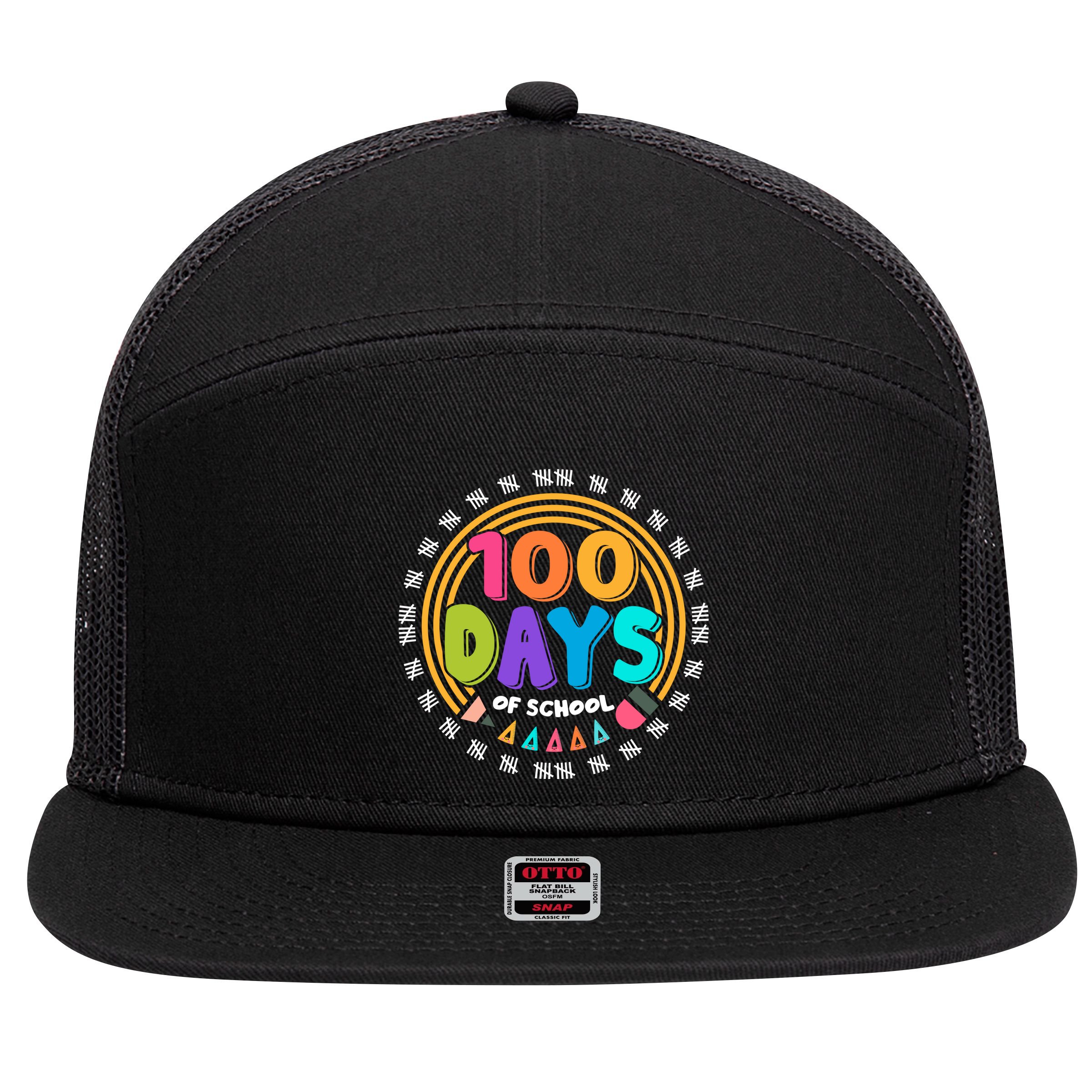 Cute Cool 100 Days Of School Pencil Emblem 7 Panel Mesh Trucker Snapback Hat