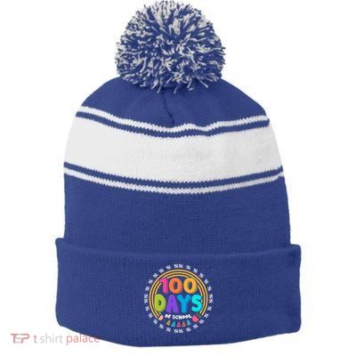 Cute Cool 100 Days Of School Pencil Emblem Stripe Pom Pom Beanie