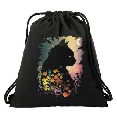 Cottagecore Cat Aesthetics Moon Flowers Garden Cat Mom Drawstring Bag