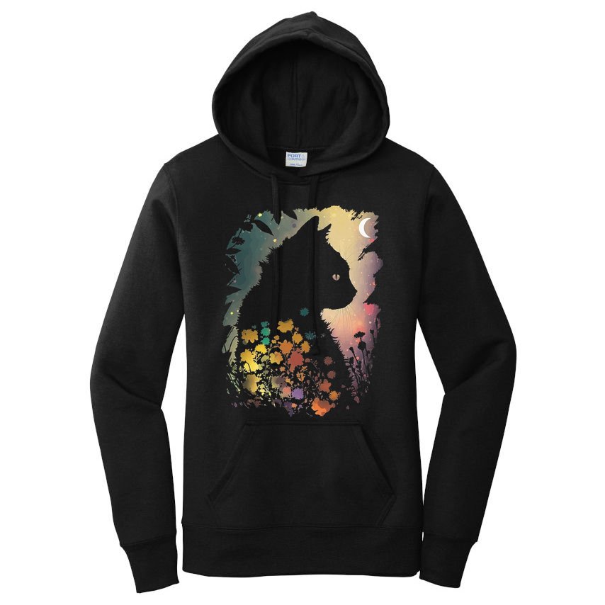 Cottagecore Cat Aesthetics Moon Flowers Garden Cat Mom Women's Pullover Hoodie