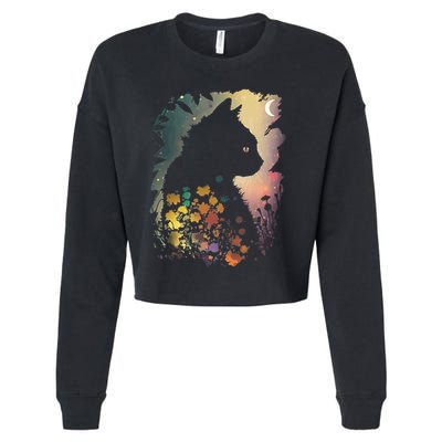 Cottagecore Cat Aesthetics Moon Flowers Garden Cat Mom Cropped Pullover Crew