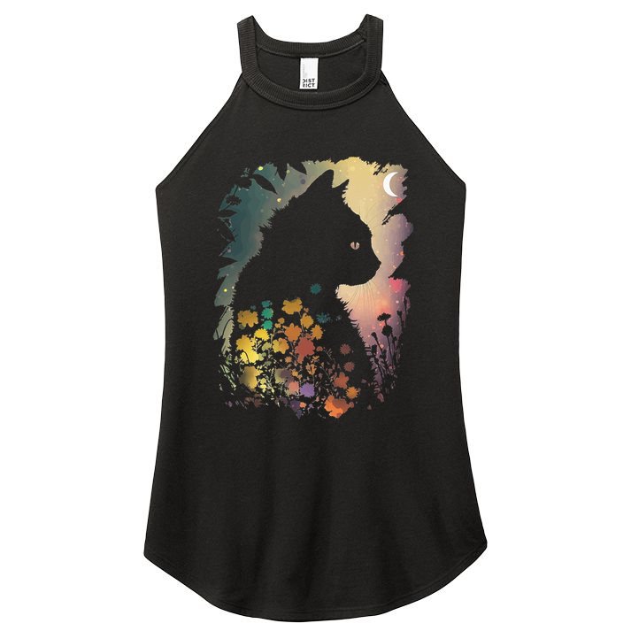 Cottagecore Cat Aesthetics Moon Flowers Garden Cat Mom Women's Perfect Tri Rocker Tank
