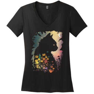 Cottagecore Cat Aesthetics Moon Flowers Garden Cat Mom Women's V-Neck T-Shirt