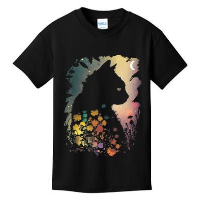 Cottagecore Cat Aesthetics Moon Flowers Garden Cat Mom Kids T-Shirt