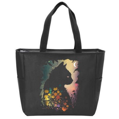 Cottagecore Cat Aesthetics Moon Flowers Garden Cat Mom Zip Tote Bag