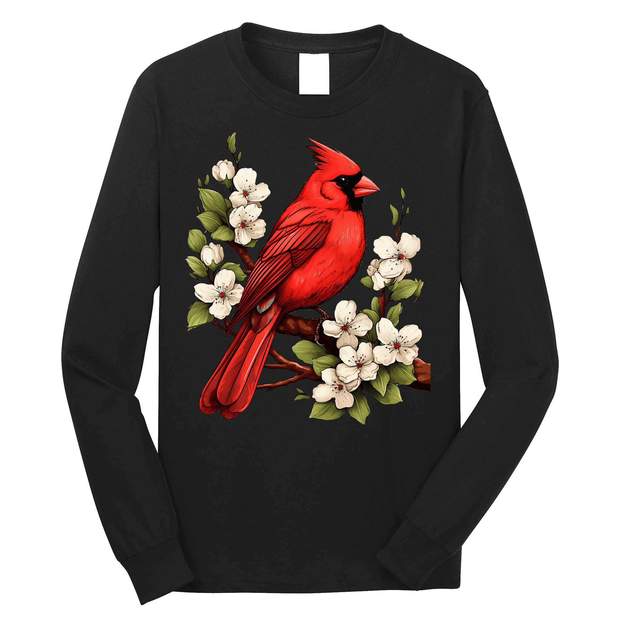 Cute Cottagecore Aesthetic Northern Cardinal Bird Flowers Long Sleeve Shirt